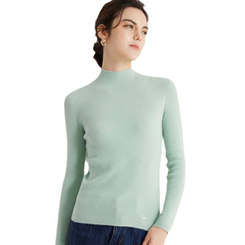 Women's 100% Pure Cashmere Ribbed Slim Fit Half-High Neck Sweater - Long Sleeve Gentle Style Base Layer