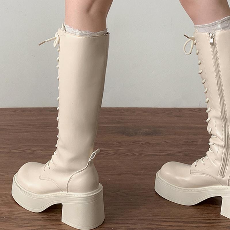 Модный зимний дизайн Платформа Квадратные каблуки Женские ботфорты до колена Уличный стиль Увеличение роста Стройнящие женские ботильоны в рыцарском стиле