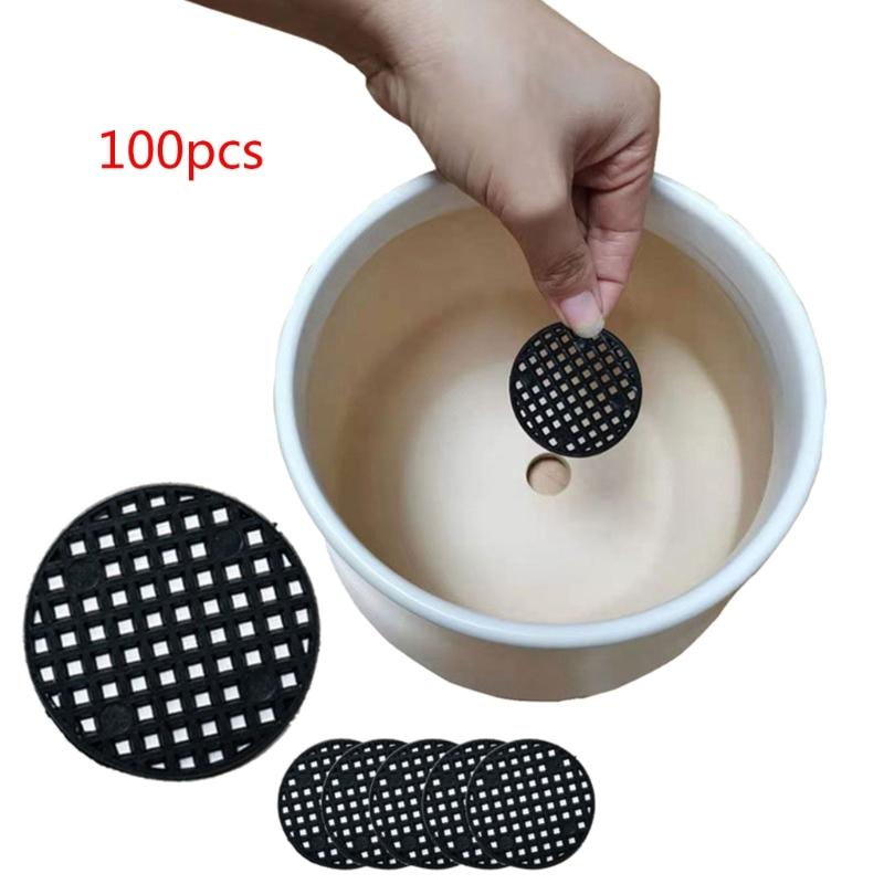 100Pcs Plant Pots Hole Mesh Pads Garden Flower Pots Mesh Mat Bonsais Bottom Grids Pads Round Drainage Mesh for Plant Pots