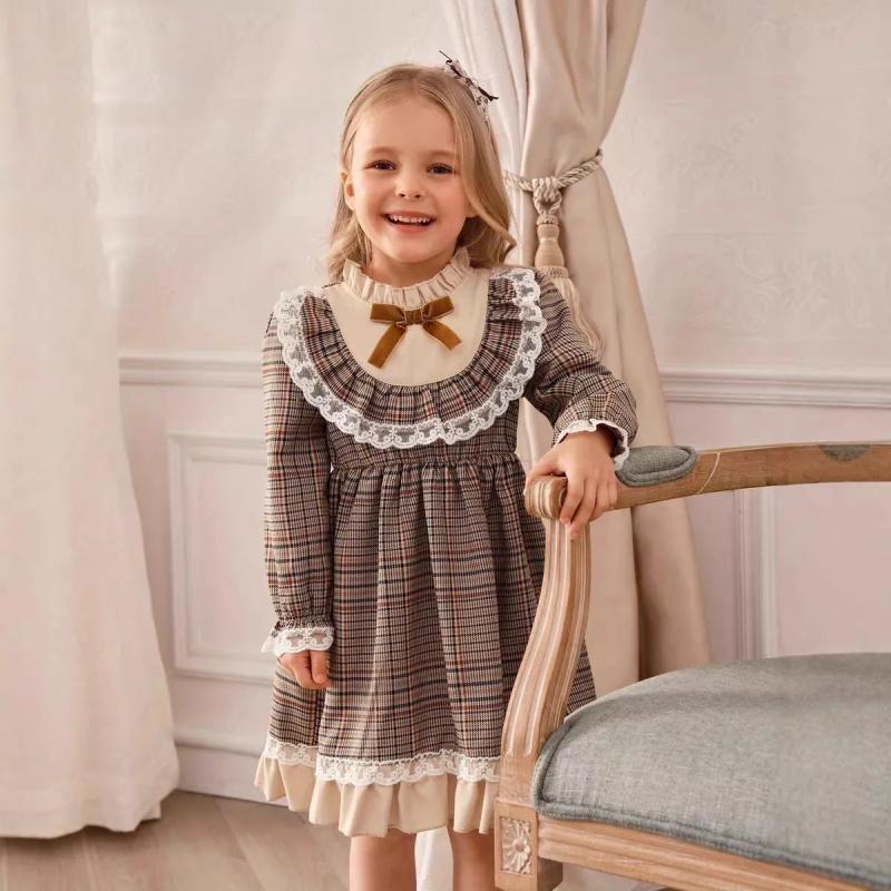 Girls New Dress Baby College Stylishly Princess Children Lolita Plaid Long Sleeve British Style Dress