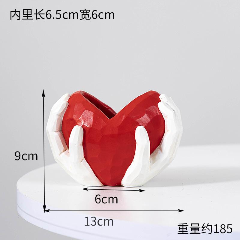 Heart-shaped Vase Resin Double-hand Holding Heart Flower Pot Decoration for Room Office Dining Table Floral Vase Home Decoration