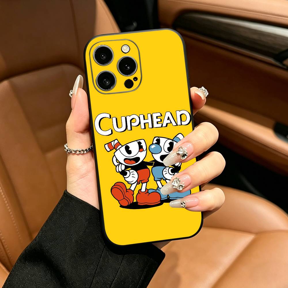 Cute CupHead And MugMan Phone Case For iPhone 12 13 14 15 16 17 Pro Max, Lightweight and Practical Soft Black Cover