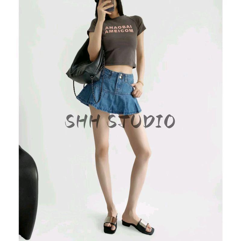 Summer New Product Women's Clothes American Sexy Style Two-Button Pleated A- line High Waist Slimming and Short Denim Skirt