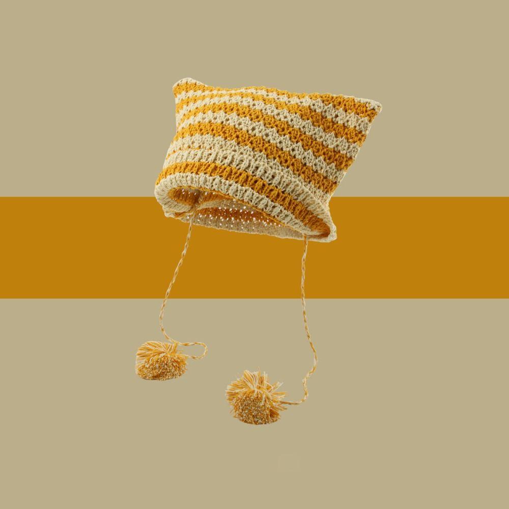 Cute Knitting Striped Devil Ear Casual Cap Japanese Beanie Hat Bonnet Hats Knitted Wool Caps