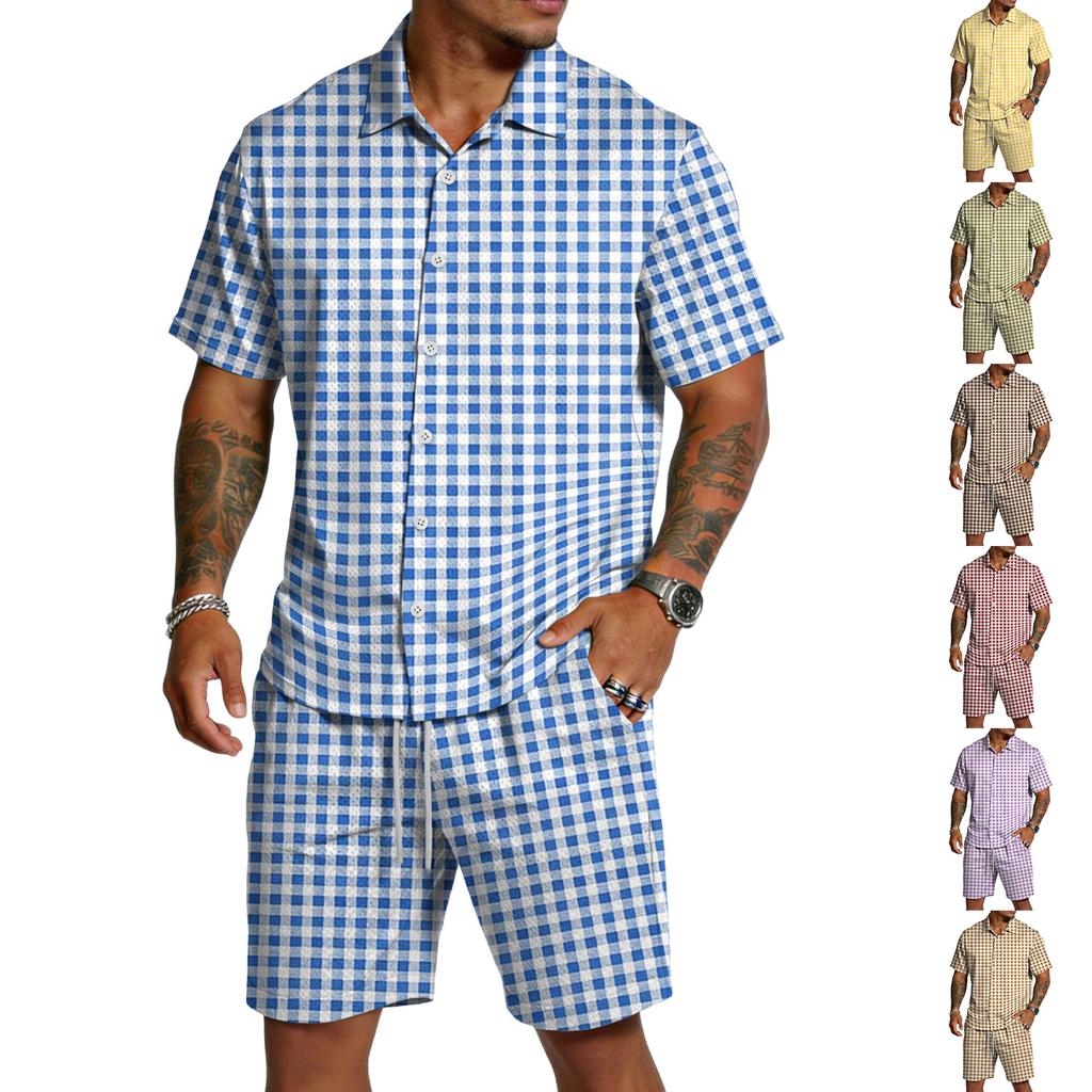 Men's Casual Two Piece Set Short Sleeve Button Down Shirt with Matching Shorts Lightweight Summer Outfit for Outdoor Activities
