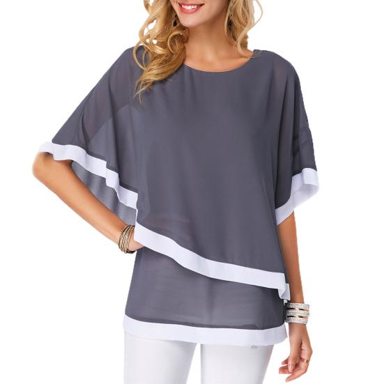 Dámská letní halenka s netopýřími rukávy a temperamentem, s kulatým výstřihem, nepravidelná dvouvrstvá patchworková šifonová košile