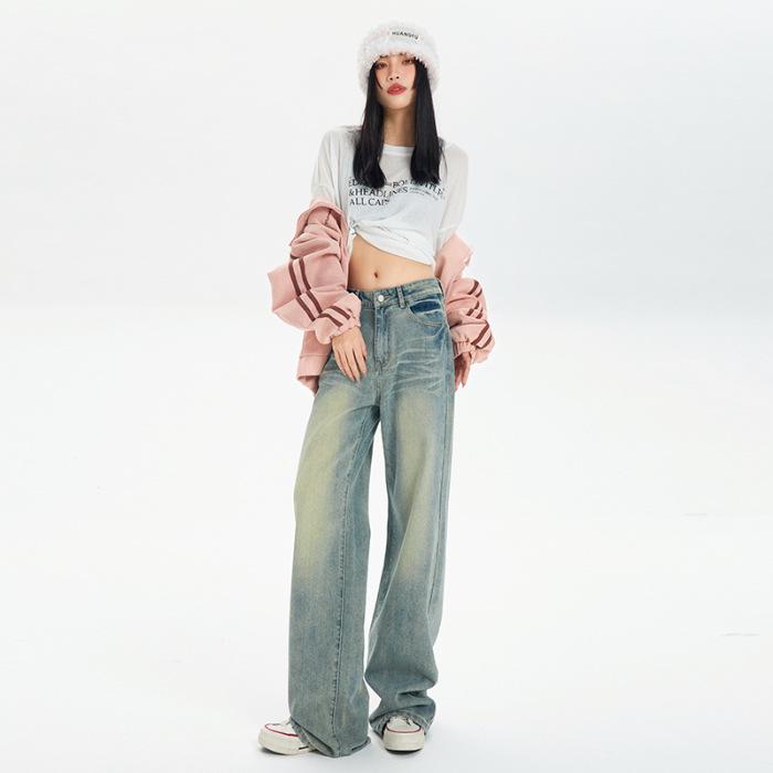 

Women s Retro Blue Distressed Wide-Leg Floor-Length Jeans - Spring 2025 Collection Extra Large