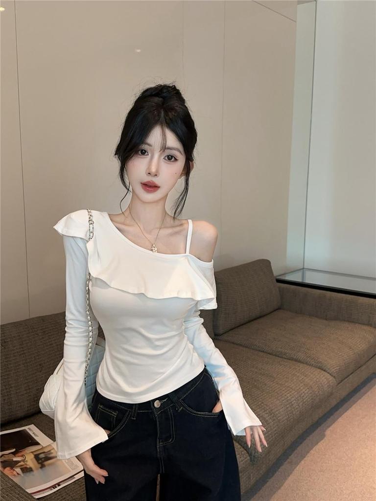 Korean Style Ruffle One-Shoulder Slimming Long-Sleeve Camisole - Women's Sweet & Spicy Autumn Fashion Top