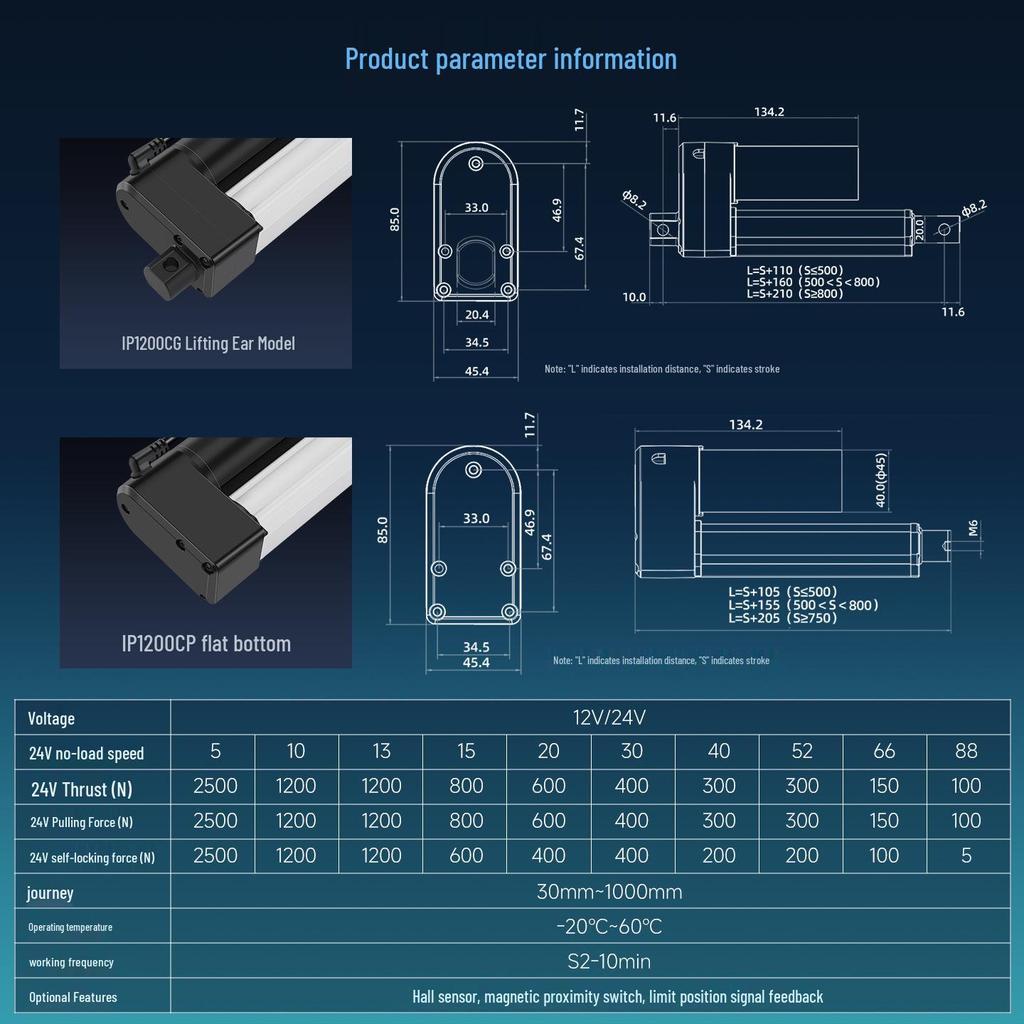 Industrial Grade DC Electric Telescopic Linear Actuator Motor, High Thrust, IP1200