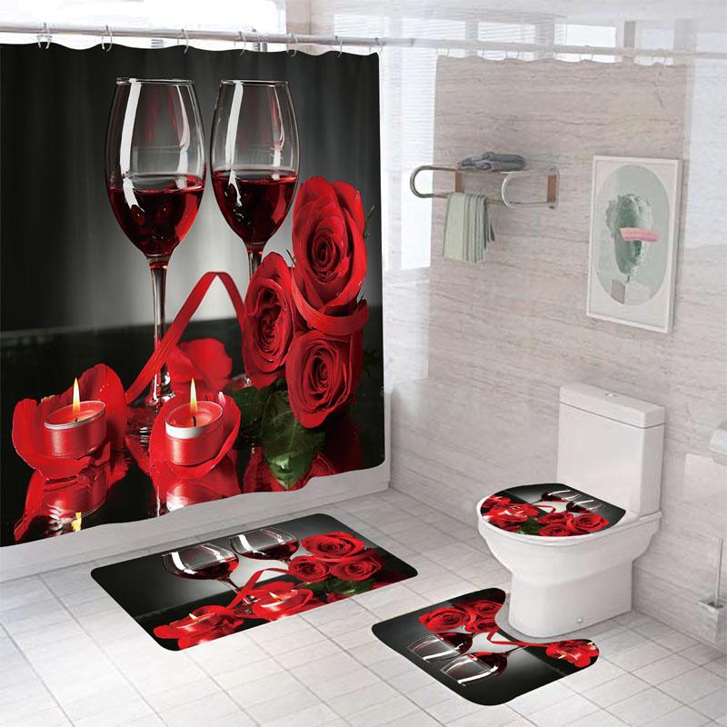 3D Rose Flower Shower Curtain Set Non-Slip Rugs Bath Mat Toilet Lid Cover and 12 Hooks Waterproof Polyester Bathroom Decor