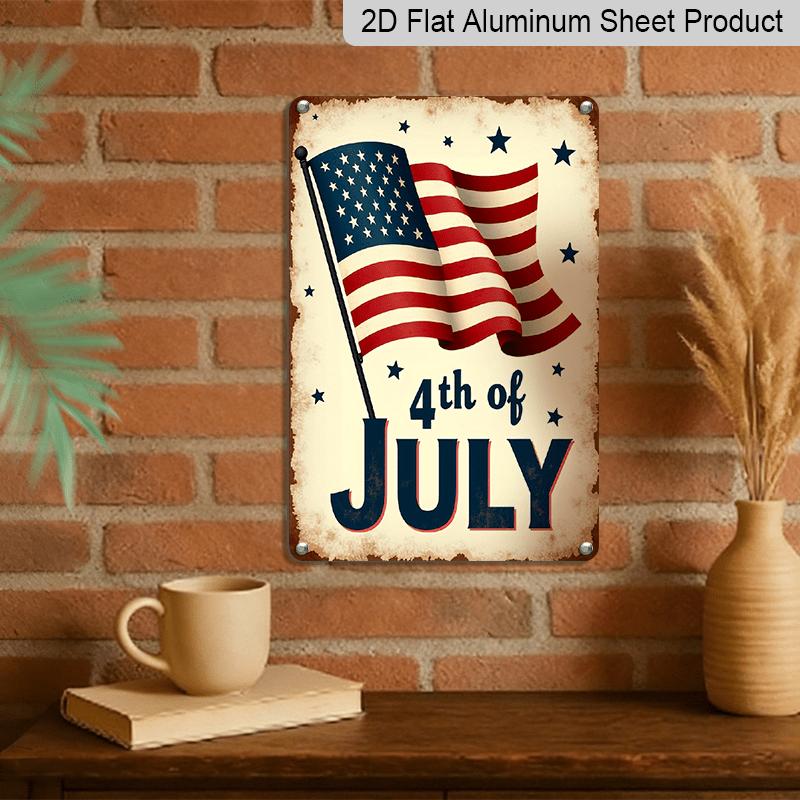 2D Flat, 1pc Patriotic Welcome Metal Sign - American Flag Heart Design Aluminium Wall Art, 8x12 Inch Rustic Vintage Home Decor for 4th of July