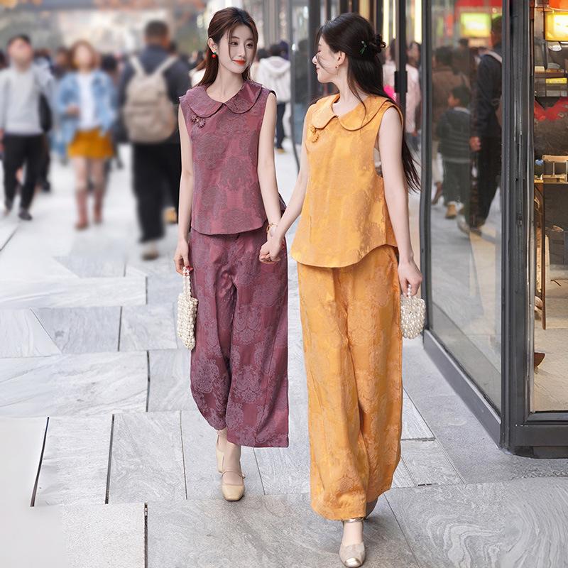 2026 Chinese Style Jacquard Embroidered Vest & Wide-Leg Pants Set