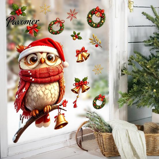 Reusable Christmas Decor Cute Owl Static Window Clings, Santa Hat Scarf Wreath Bell Snowflake Festive Holiday Home Decals, No-Adhesive Glass Stickers