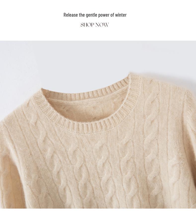 Women's Cashmere Cable Knit Sweater—Round Neck, Thickened, Loose Fit, Casual Pullover for Autumn and Winter.