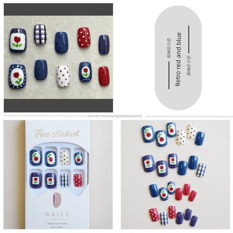 

Ретро Красный и Синий Вместе Гингем Носить Броню Милые Горошек Цветок Линии Наклейки для Ногтей Короткий Белый Накладной Кончик Ногтя 128-Retro Red Blue