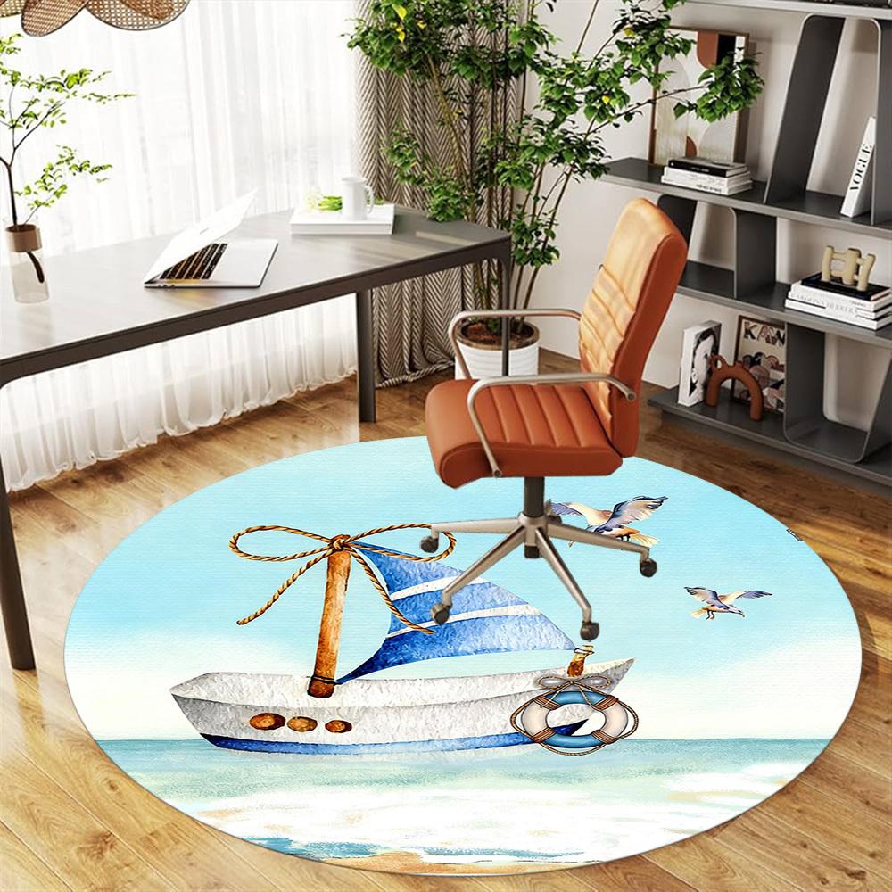 1pc Sailboat Seagulls Round Chair mat office Area Rug - Non-Slip, Floor Mat for Office, Bedroom, and Indoor Decor p127270