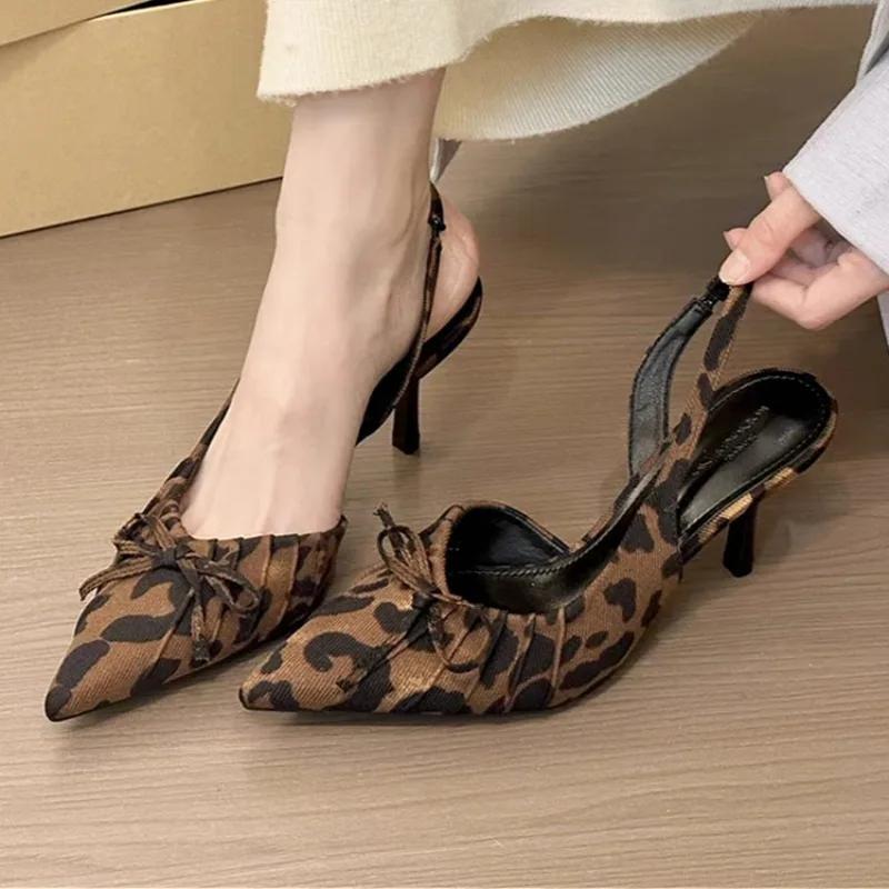 Leopard Pointed Toe Bow Women Shoes High Heels Sandals Elegant Summer Mules 2025 Designer Dress Party Shoes Woman Sexy Pumps
