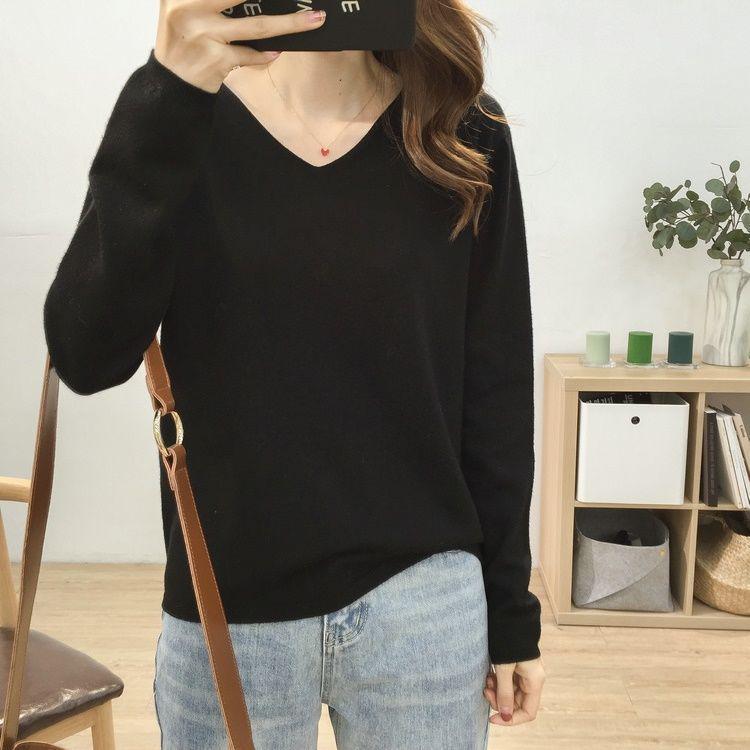 Women's V-Neck Knit Sweater: Large Size, Loose Fit, Slimming, Solid Color, Perfect for Early Autumn and Winter