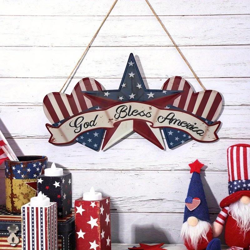 Patriotic Wooden Star Door Ornament - "God Bless America" Independence Day Decoration