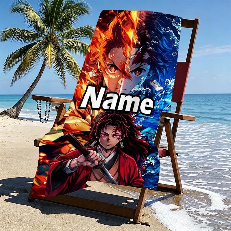 Custom Name Personalized Demon Slayer Print Beach Towel, for Trip Camping Beach Party Home Decor, Birthday Gift for Family & Friends