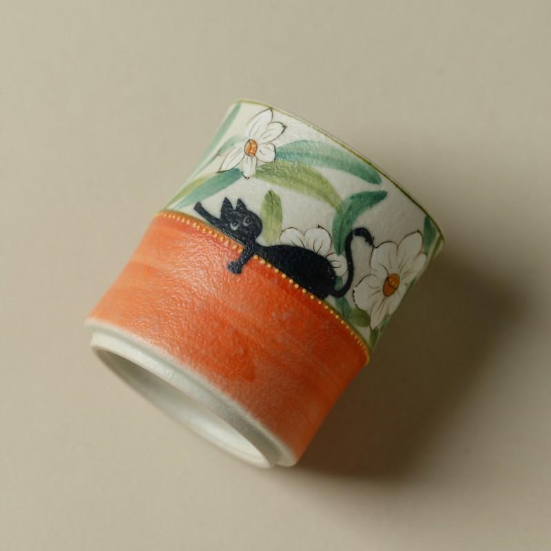 Handmade Ceramic Tea Cup Warm Orange Cat Under Flower Bamboo Style 200ml Lovers
