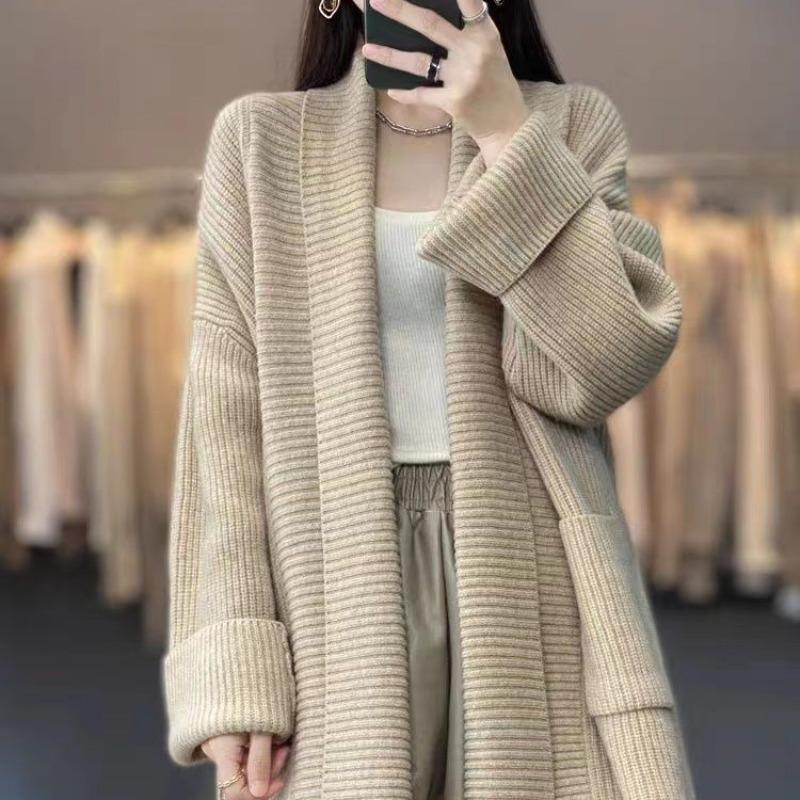 Autumn and Winter New Lapel Medium and Long Loose Cardigan Women's Solid Color Gentle and Lazy Knitted Sweater Jacket
