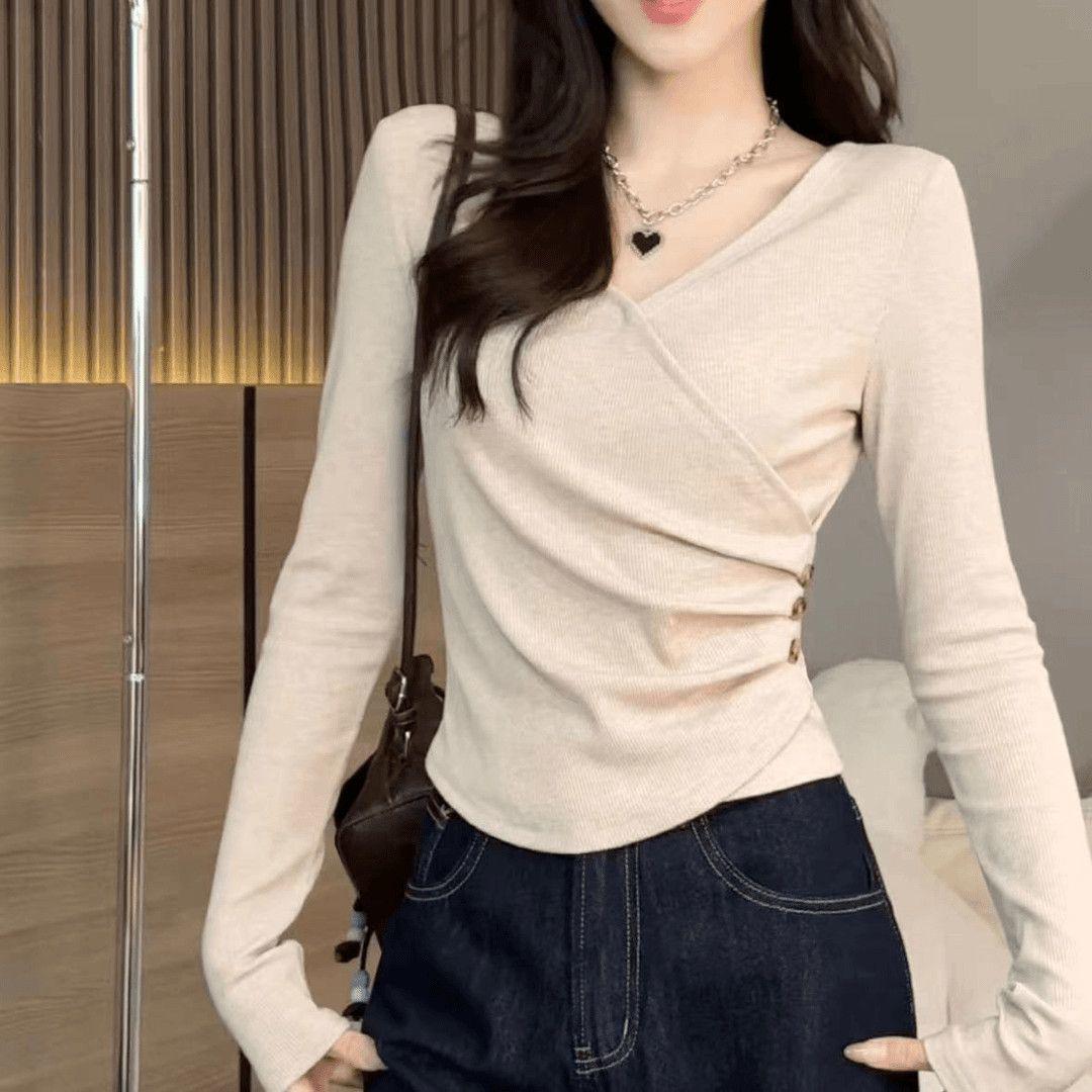 

Plus Size Korean Style Autumn V-Neck Long Sleeve T-Shirt: Slimming, Flattering, Versatile, Flaw-Hiding Design for Women L абрикосовый