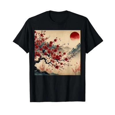 Vintage Cherry Blossom Woodblock T Shirt Japanese Al Art Vintage Comfortable Stylish Versatile Slightly Stretched Homme
