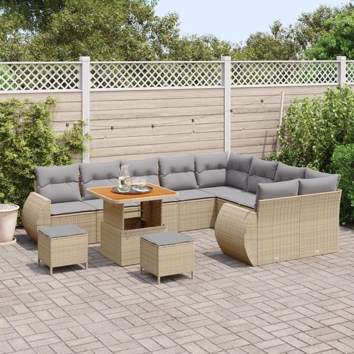 vidaXL 12-piece Garden Sofa Set with Cushions In Beige Poly Rattan Acacia, Garden Dining Set 3361912