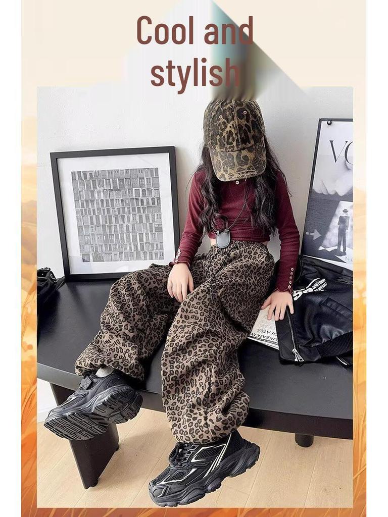 2025 Spring/Autumn Girls' Leopard Print Cargo Pants - Trendy Loose Wide-Leg Street Dance Style for Kids