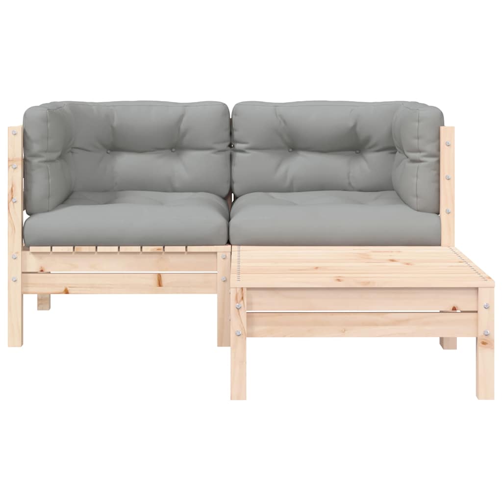 vidaXL 3-part. Garden Lounge Set with Grey Cushions Pine Solid Wood