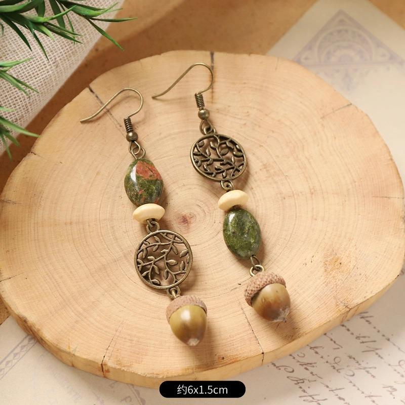 Retro niche literary earrings, natural plant fruits, wooden dried fruits, long fringed women's earrings