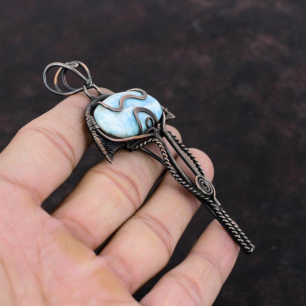 Larimar Pendant Copper Wire Wrapped Pendant Larimar Gemstone Jewelry Handmade Designer Pendant Unique Copper Wire Jewelry Engagement Gifts