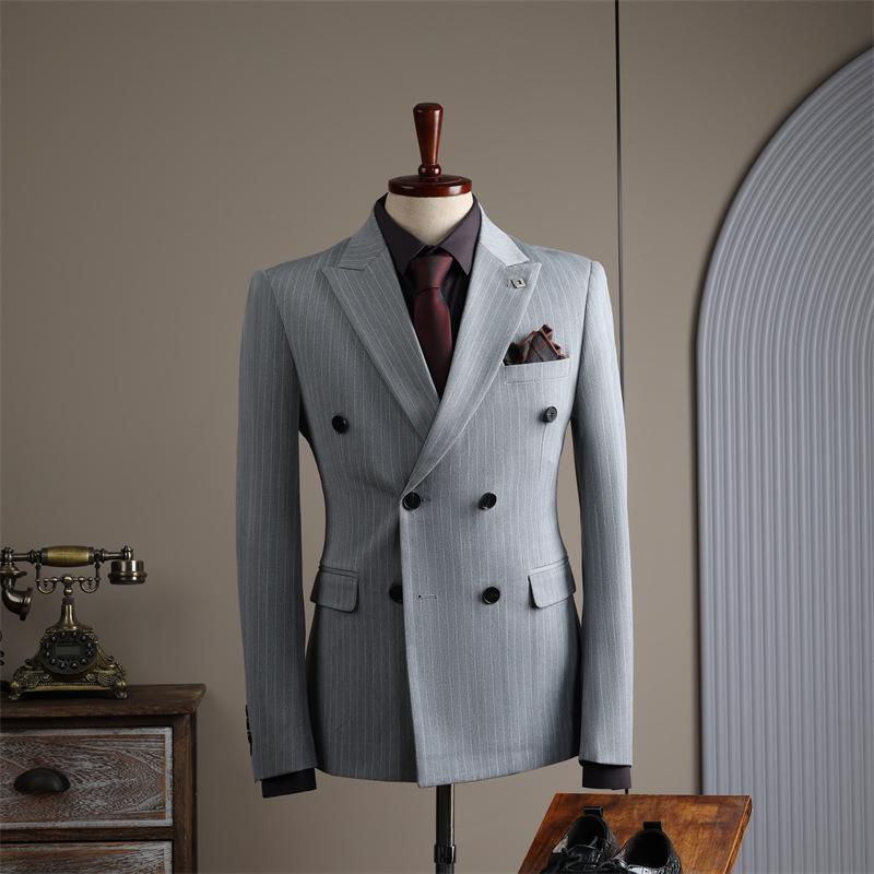 Apricot White Striped Double-Breasted Slim-Fit Suit Set for Casual, Groom, or Formal Business Attire.