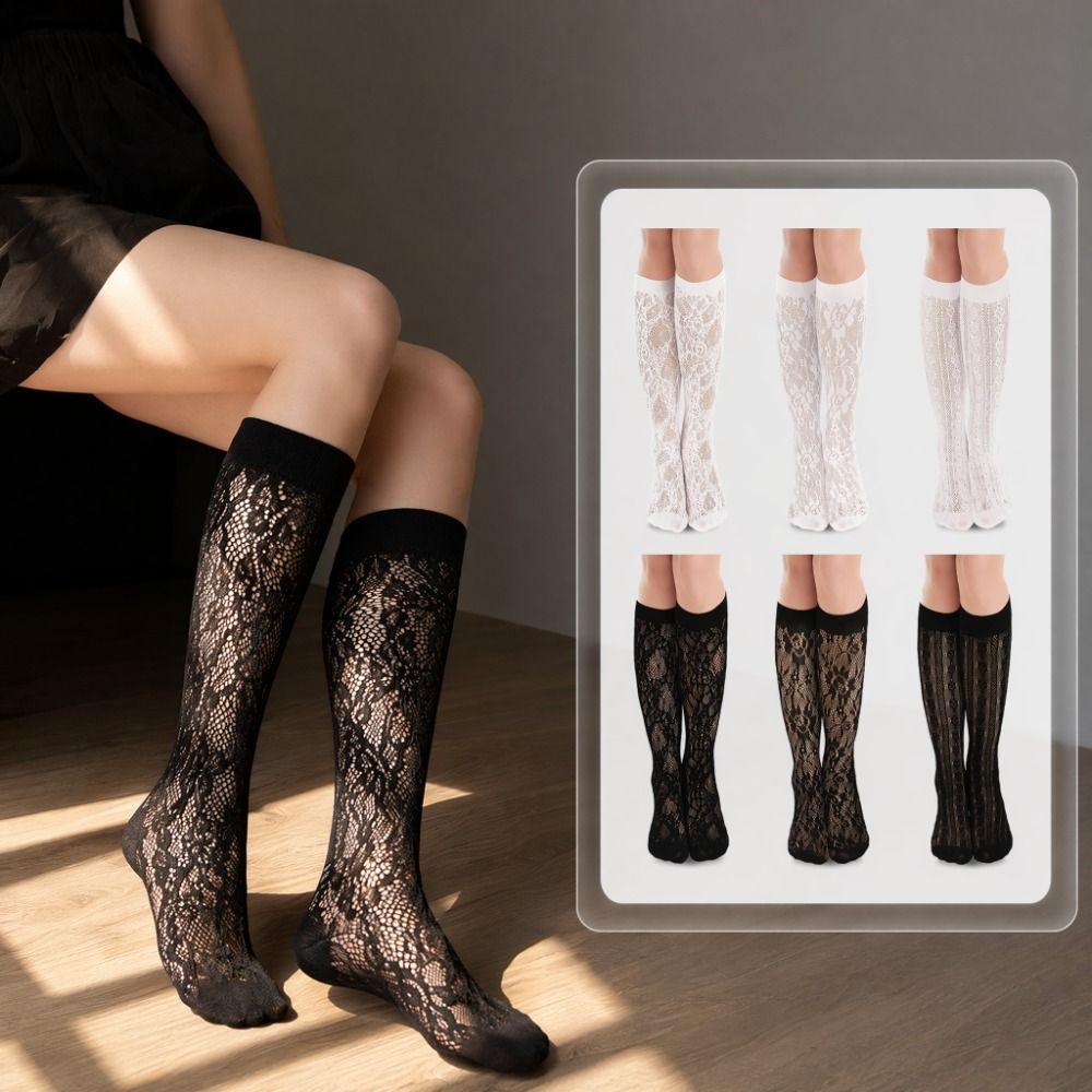 Hollow Lolita Socks Floral Printed Mesh Stockings Cute Calf Long Socks Pair with Skirts