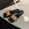 Sheepskin version~ French temperament rhinestone high-end sense with sandals women's summer wear versatile thick heel cool slippers