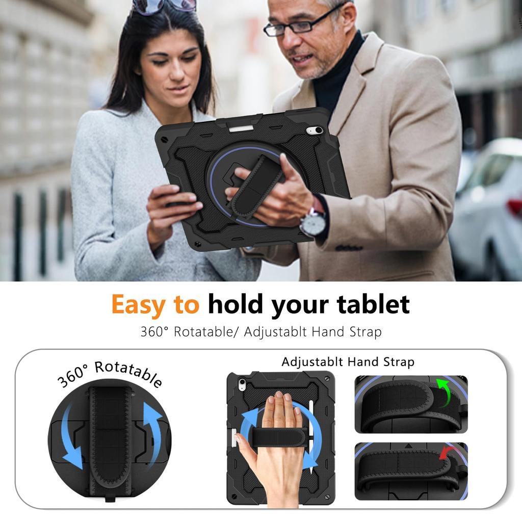 Case For iPad Air 13 11 4G 5G Heavy Duty Rotating Shockproof Stand Hand Shoulder Strap Black