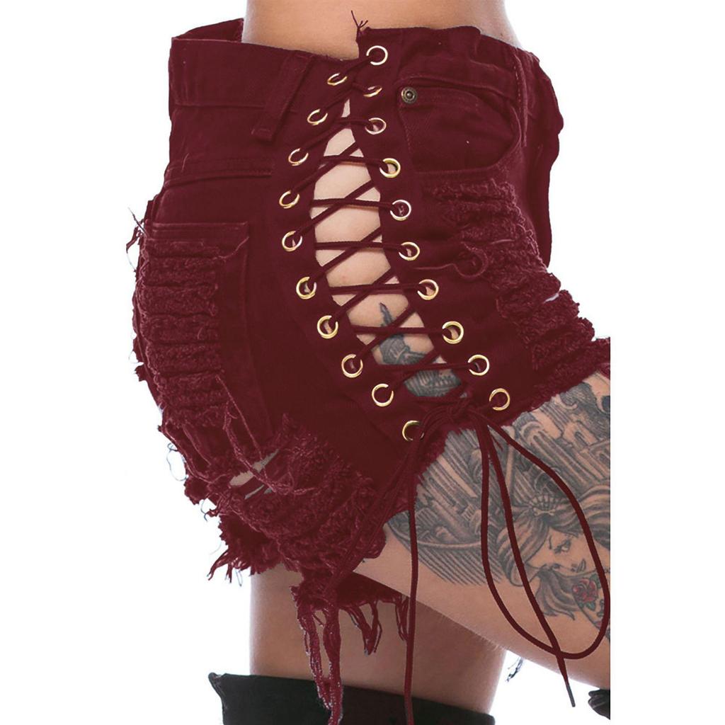 Spring/Summer Elastic Ripped Eyelet Bandage Denim Hot Pants Shorts for Women