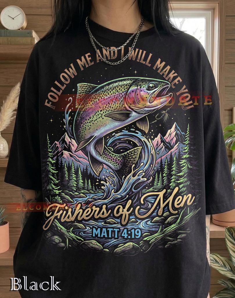 Follow Me Fishers Of Men Matt 4:19 Rainbow Trout Comfort Colors® Tshirt, Fishing Christian Bible Verse Mountains Nature Vintage Style Tee