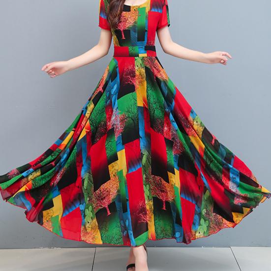 Kobiety ubierają kolorowy nadruk z dużym obszyciem Letnia długa sukienka w kształcie litery A Streetwear