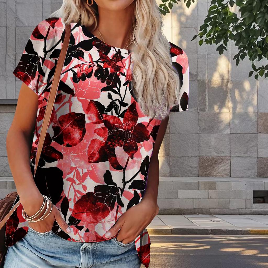 Dam Sommar T-shirt Vackert Blomtryck Retro Mode Kortärmade T-shirts Casual Tryckta Toppar