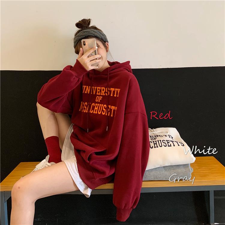 Women Warm Soft Hoodies Padded Sweater Female College Style Loose Medium-length Letters Printed Casual Wildcard Retro Simple Literary Long-sleeved