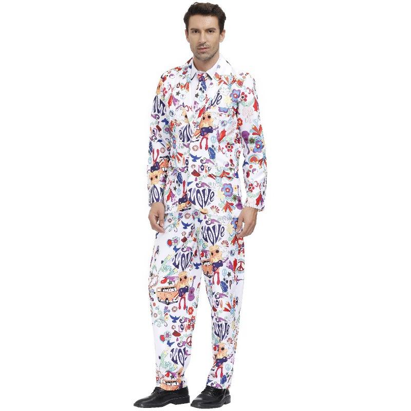 M-XL Men's Print Craze Suit Clown Costume, Halloween Holiday Disco Suit for Men