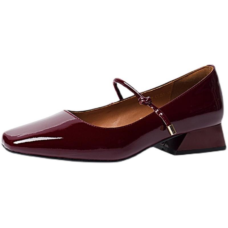 One Word with Mary Jane Burgundy Square Head Small Leather Shoes Retro Patent Leather Single Shoes Women's French Shoes Thick Heel Low Heel Shoes