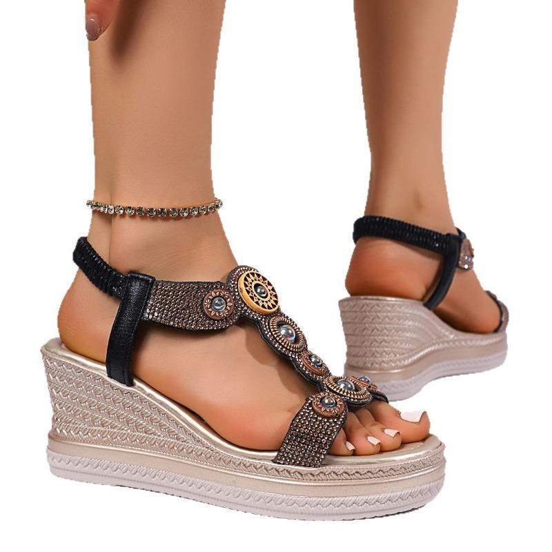 Muffin Platform Sandals Women's Summer Large Size Bohemian New Fashion Rhinestone Wedge Heel High Heel Sandals