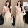 French sweet first love Xiaofei sleeve summer dress new waist thin knee long dress temperament beige