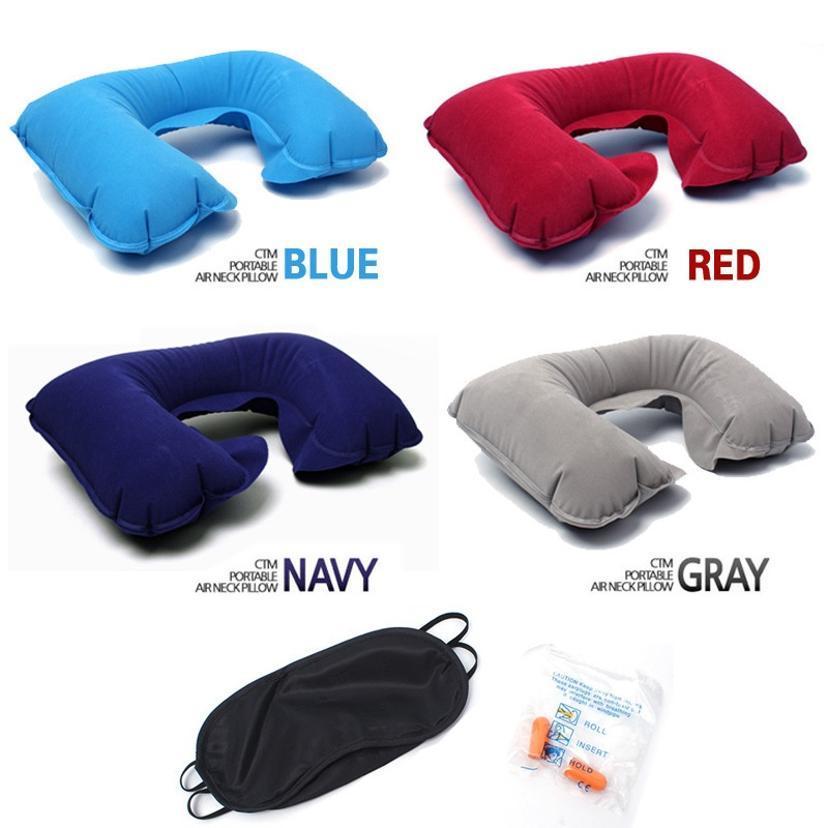 3Pcs/pack Soft U Shaped Air Inflatable Pillow Portable Flock (1 Pc Pillow+1 Pc Eye Cover+1Pc Earplug)