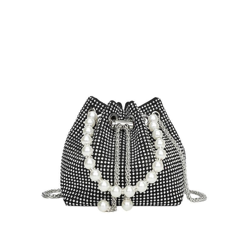 Pearl Handbag, Women's Fashionable Bright Diamond Shoulder Bag, Net Red, Foreign Style Chain, Cross Body Bucket Bag