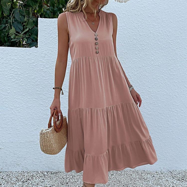 Women Summer Spring Casual Sleeveless V Neck Solid Color Print Fashion Dresses