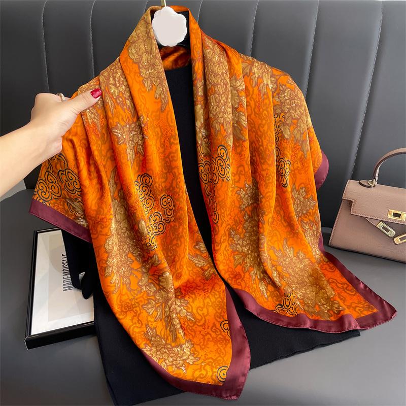 Simulation silk large square scarf new silk scarf 91cm high-end luxury printed scarf European and American style shawl sunscreen yarn